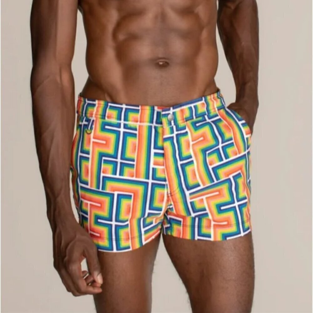 MR TURK by TRINA TURK Chico Swim Trunk ~ Pride Maze Tile Print 38 NWT